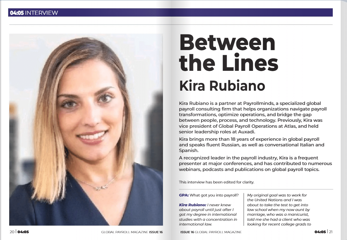 Interview Kira Rubiano, Payrollminds partner US, on the state of global payroll transformation, strategy, AI, and connection